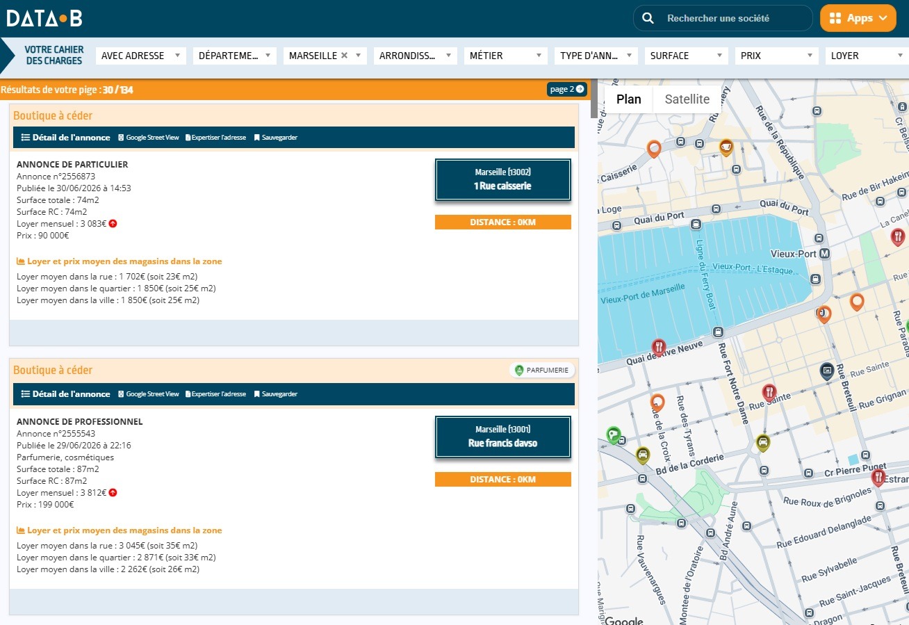 Module Data Pige de Data-B : locaux commerciaux disponibles - data-pige-canebiere