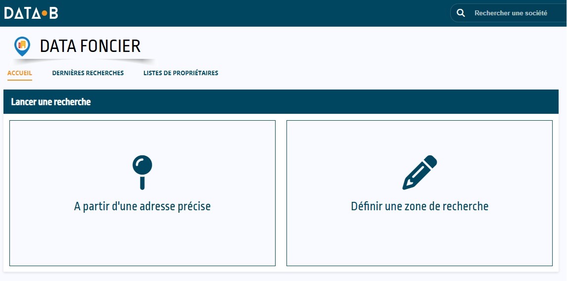 Écran d'accueil de Data&nbsp;Foncier : recherche par adresse précise ou par zone