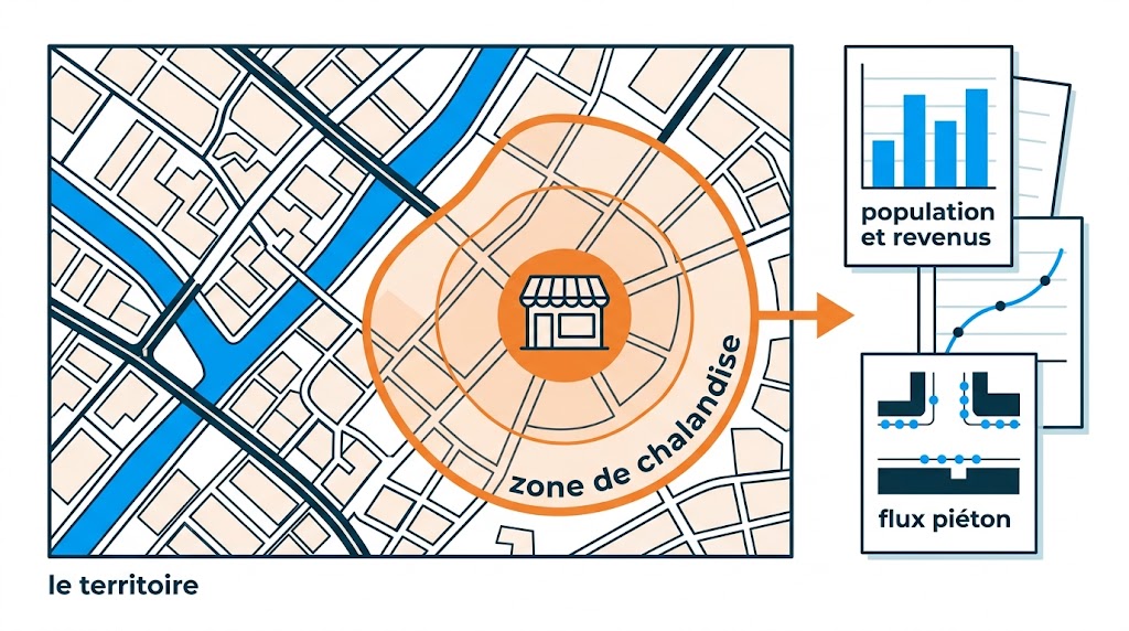 Une zone de chalandise tracée sur un plan de ville, avec les données de population, de revenus et de flux qui l'alimentent