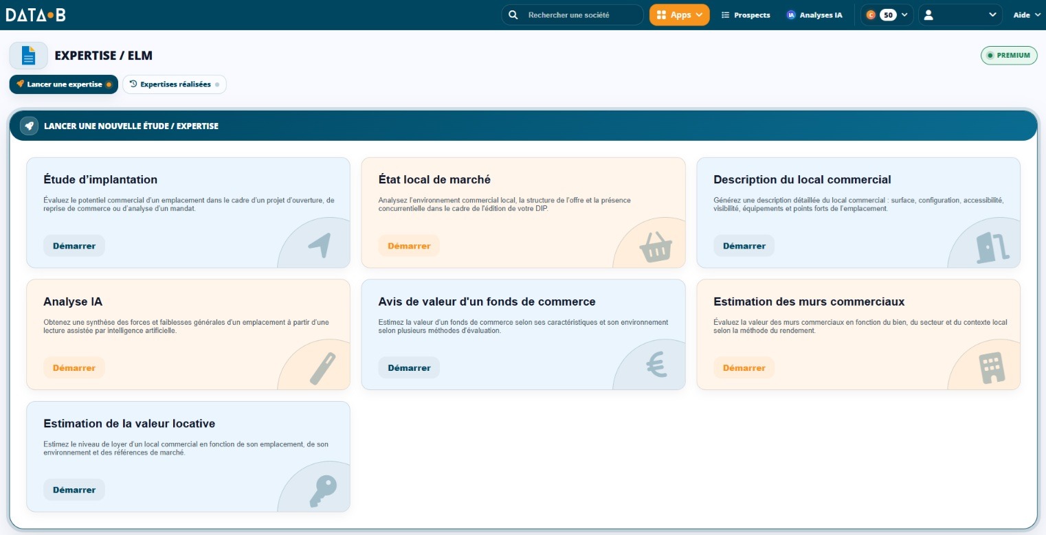 L'écran de lancement d'une nouvelle étude dans Data&nbsp;Expertise, avec les types d'étude proposés