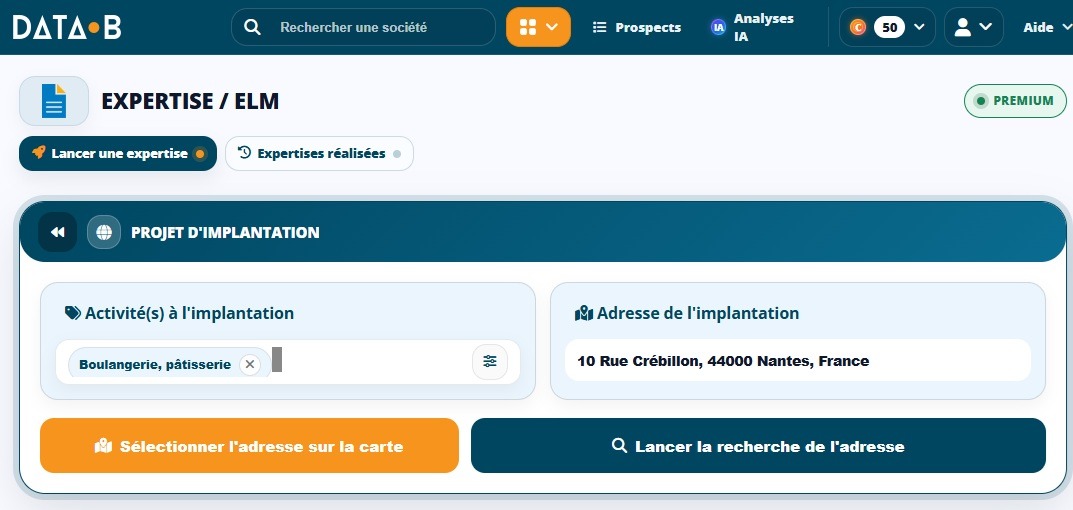 L'écran Projet d'implantation de Data&nbsp;Expertise, avec le choix de l'activité et l'adresse à étudier