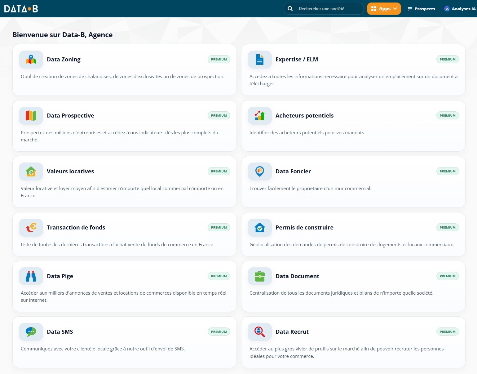 L'écran d'accueil de la suite d'applications Data-B, avec ses modules d'analyse et de prospection