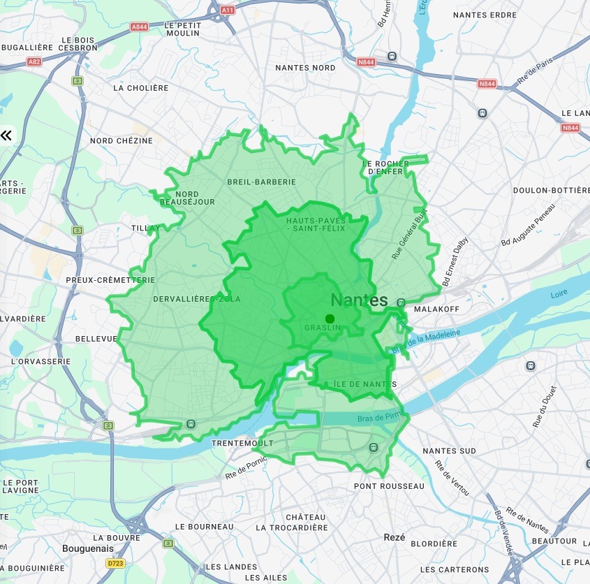 Les zones de chalandise primaire, secondaire et tertiaire tracées sur Nantes dans Data&nbsp;Zoning