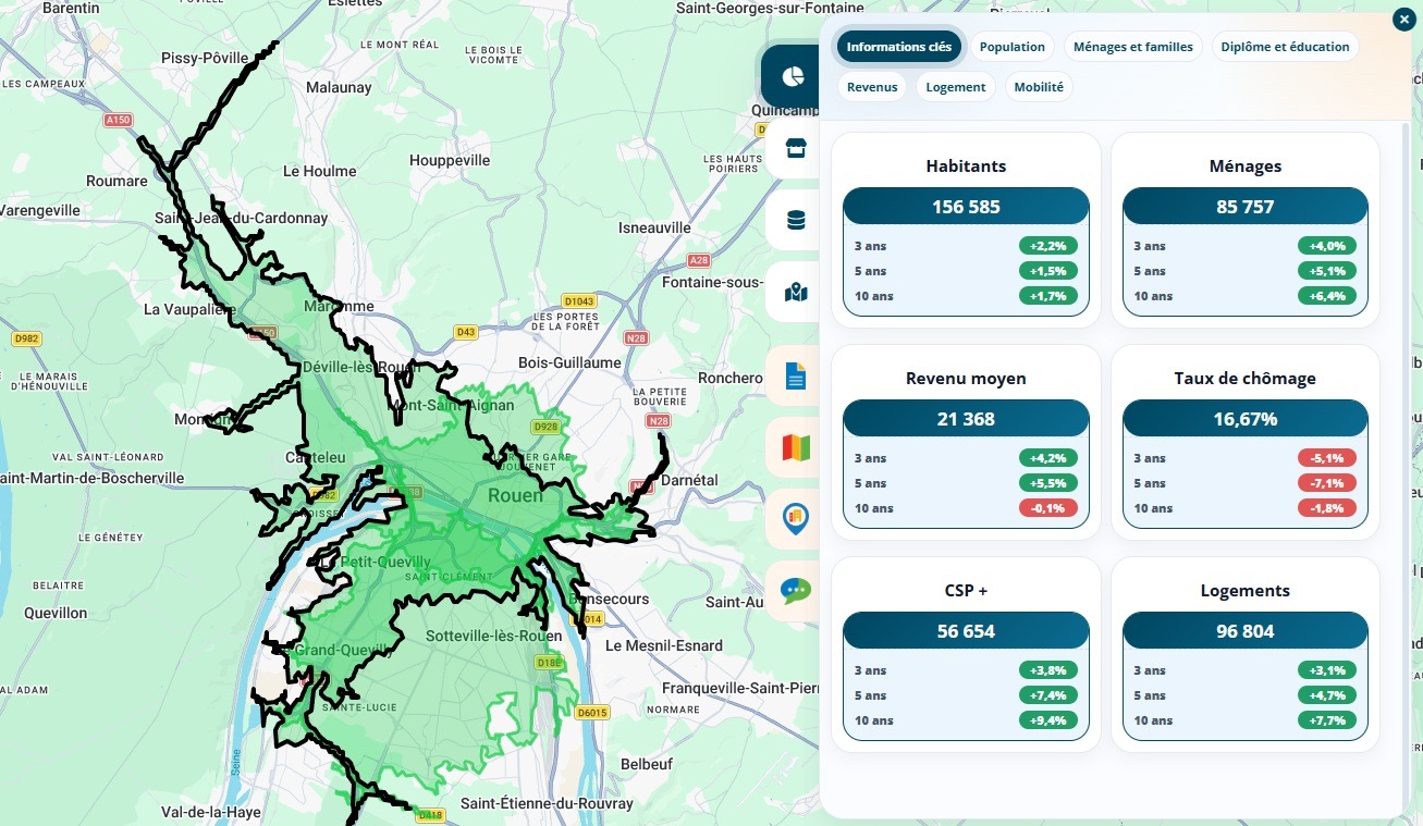 Trois zones de chalandise de dix minutes en voiture posées sur l'agglomération de Rouen dans Data Zoning, avec leur chevauchement visible