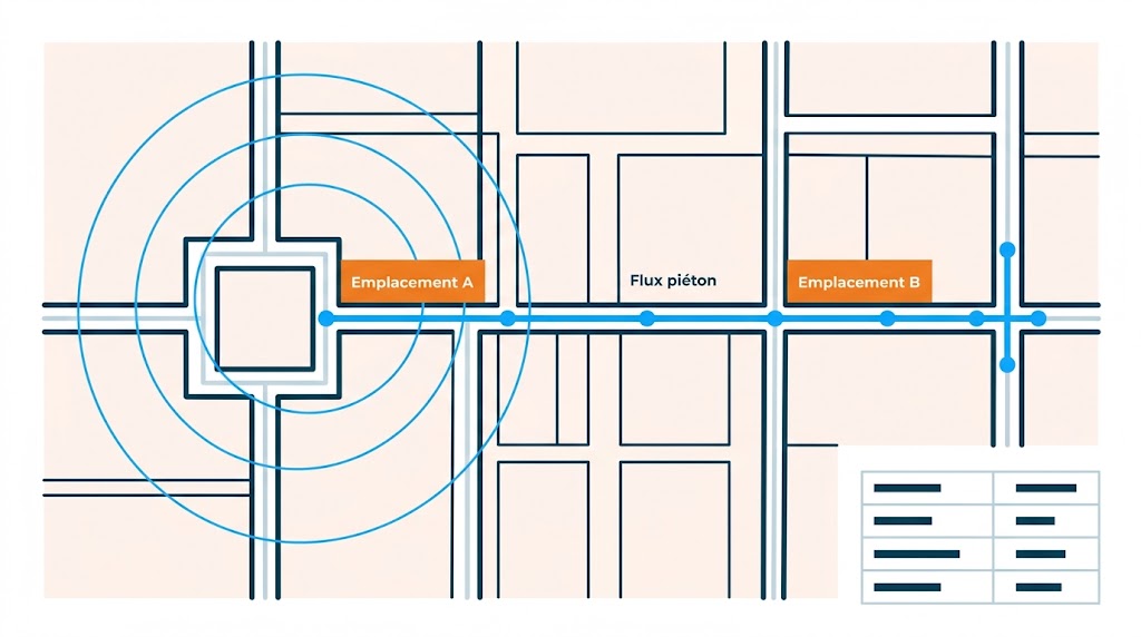 Ouvrir un commerce, plan de quartier comparant deux emplacements commerciaux, zone de chalandise et flux piéton, ouvrir-un-commerce-comparer-deux-emplacements