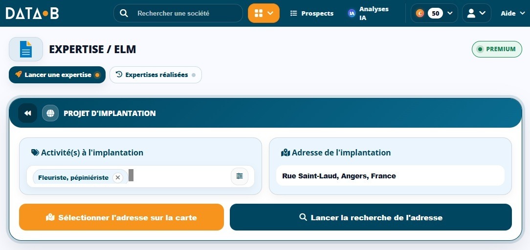 Ouvrir un commerce, écran de lancement d'une étude d'implantation dans Data Expertise, ouvrir-un-commerce-lancer-etude-implantation