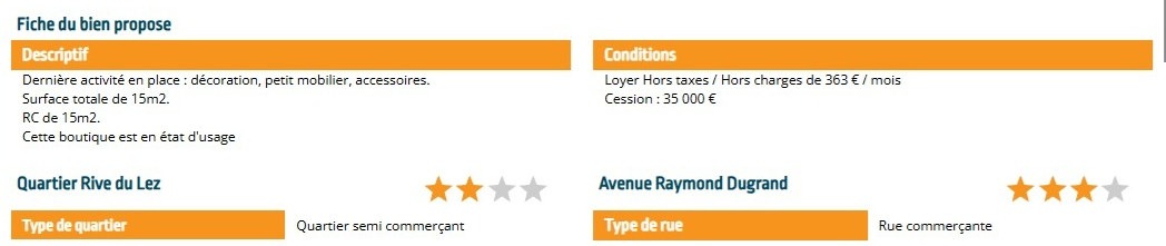 Fiche du bien proposé dans Data Pige, avec le descriptif, les conditions et la notation du quartier et de la rue
