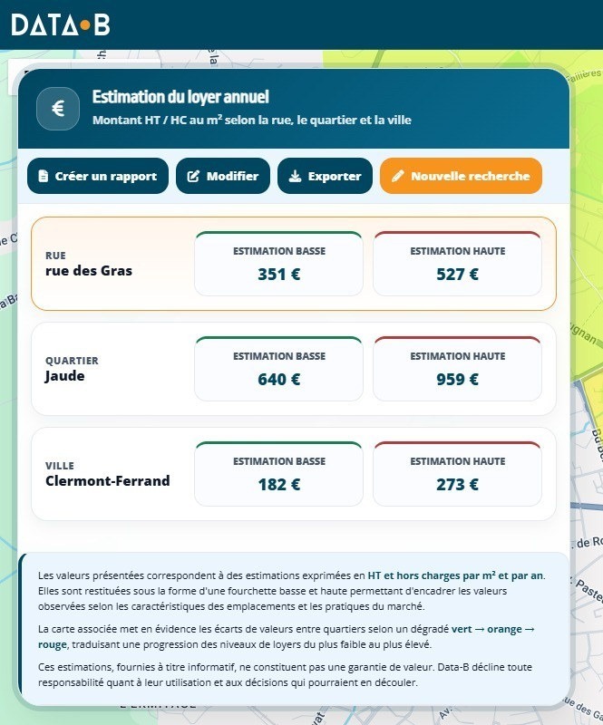 Estimation du loyer annuel dans Data-B, avec une fourchette basse et haute par rue, par quartier et par ville