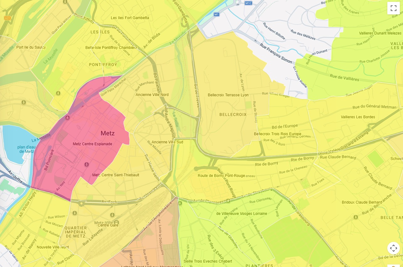 Carte des loyers commerciaux de Metz colorée du vert au rouge par quartier dans Valeur Locative
