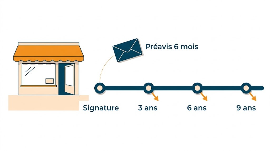 Frise des neuf ans d'un bail commercial 3 6 9 avec ses trois échéances triennales et son préavis de six mois