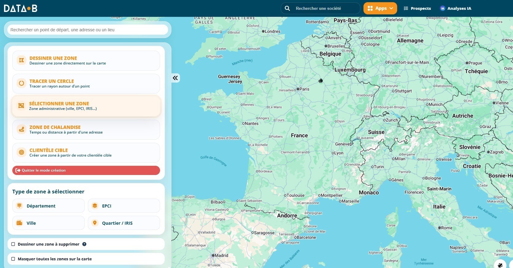 Les méthodes de création d'une zone dans Data Zoning, dont la sélection d'une zone administrative