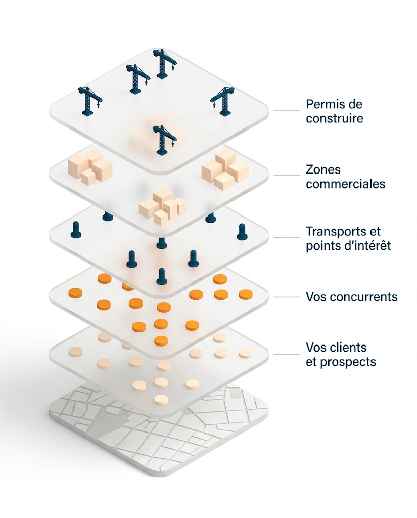 Les couches de données qui s'empilent sur une carte de secteur commercial, des clients aux permis de construire