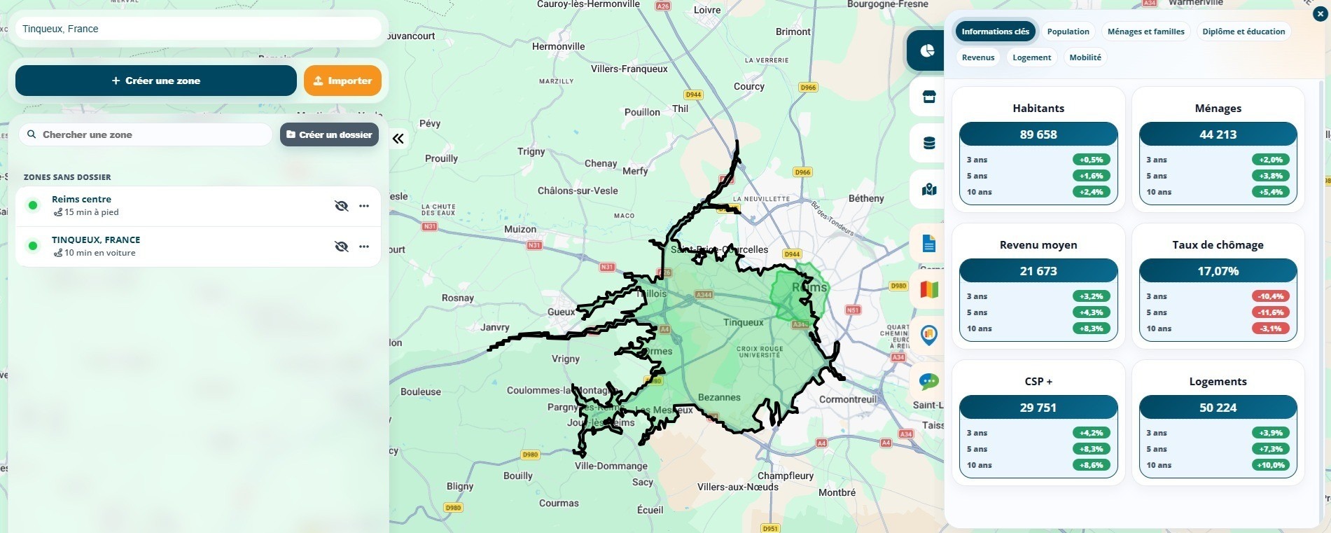 Deux secteurs enregistrés dans Data Zoning, une zone de quinze minutes à pied et une zone de dix minutes en voiture