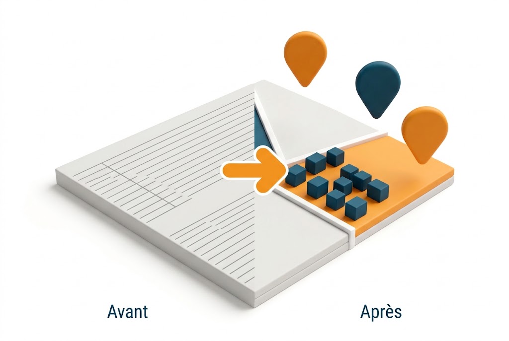 Un tableau de lignes d'adresses transformé en carte de secteurs commerciaux colorés