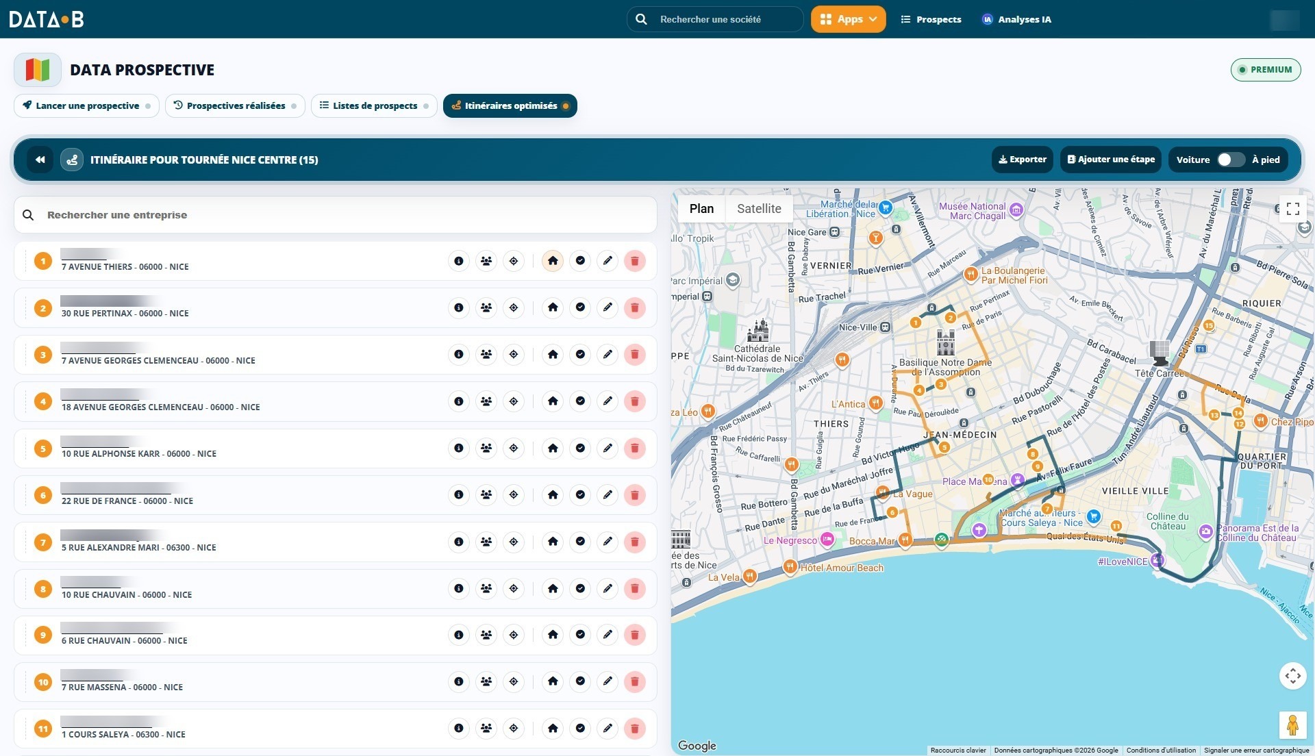 Itinéraire de tournée commerciale optimisé sur quinze adresses, affiché sur la carte dans Data Prospective