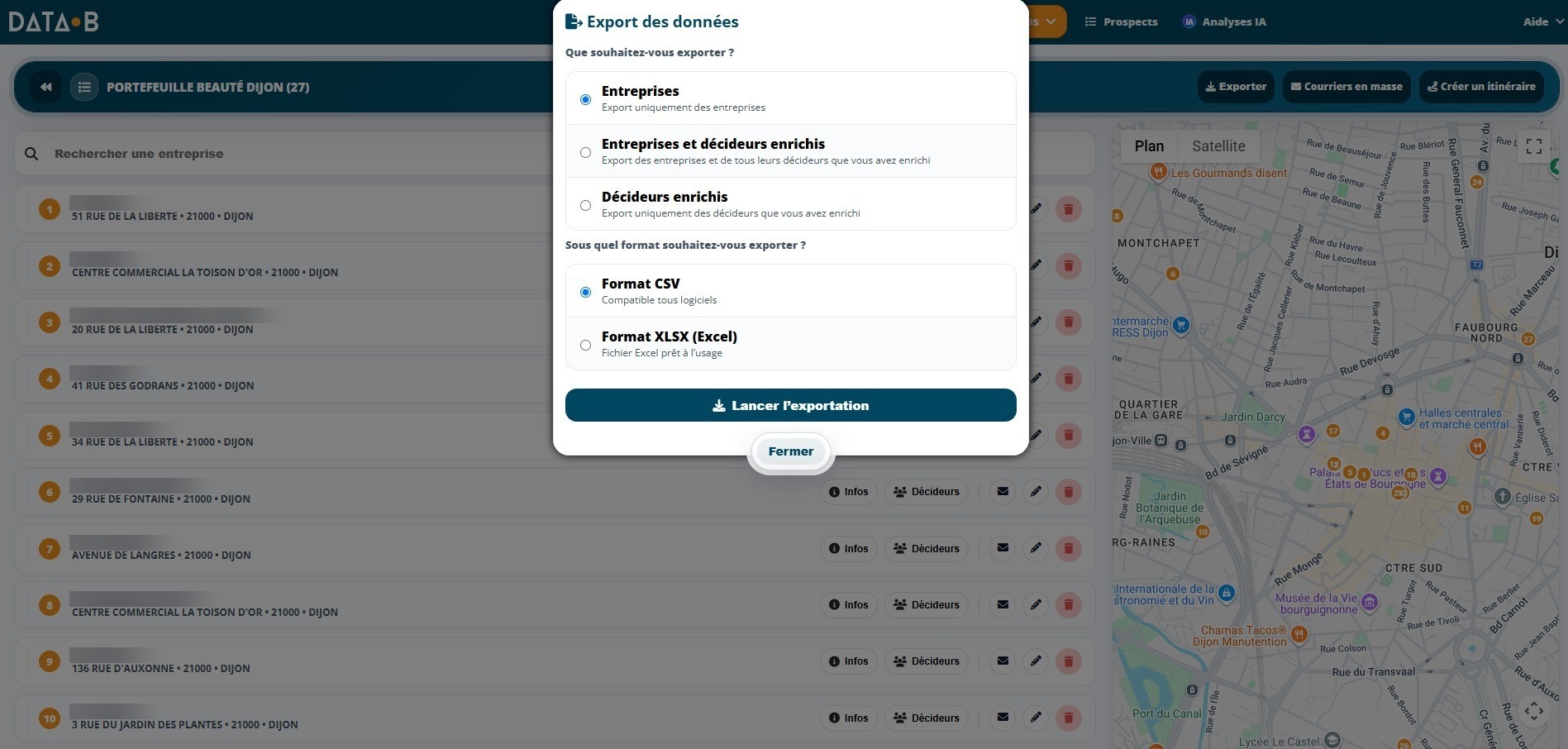 Portefeuille de prospects géolocalisés dans Data-B, avec la fenêtre d'export au format CSV ou XLSX