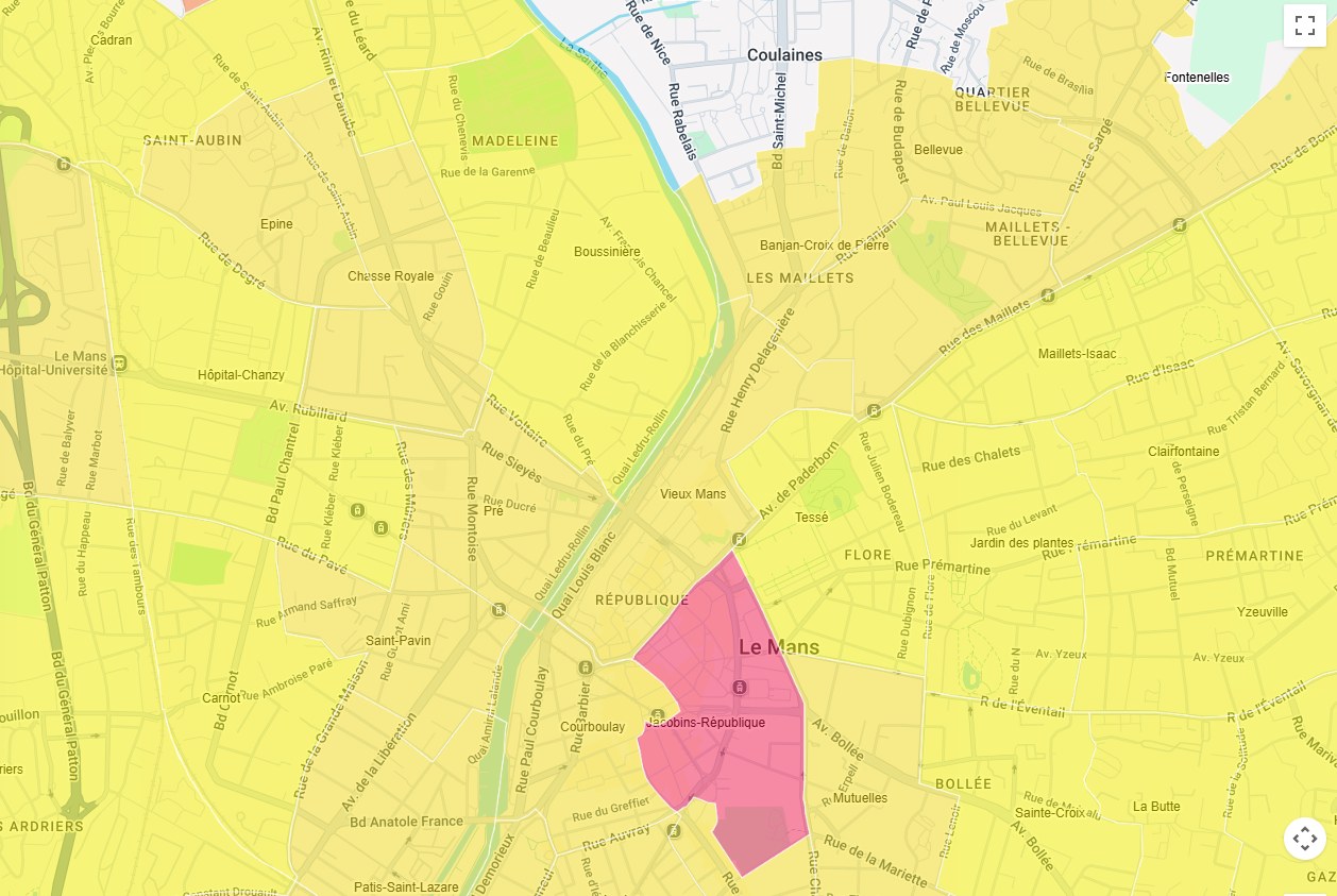 Carte Data-B des niveaux de loyers commerciaux par quartier, du vert au rouge, autour d'une adresse