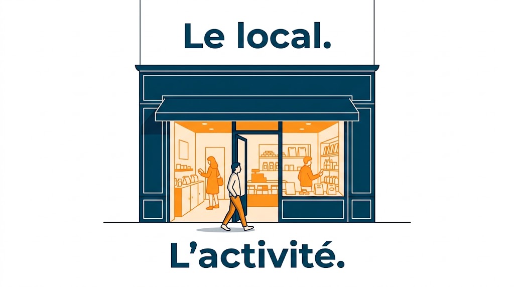 Devanture d'un commerce de centre-ville, le local d'un côté et l'activité en cours de l'autre, les deux objets d'une cession