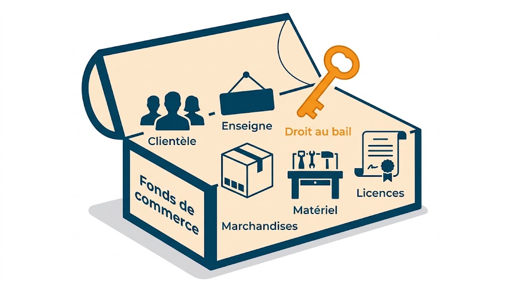 Le fonds de commerce et ses composants, avec le droit au bail isolé parmi les éléments incorporels