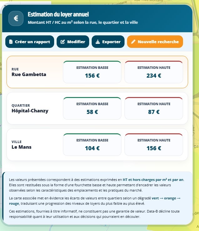 Fourchette de valeur locative rendue par Data-B pour une adresse, lue à l'échelle de la rue, du quartier et de la ville