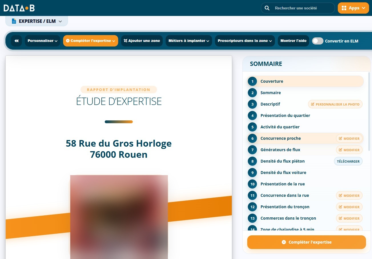Sommaire d’un rapport d’expertise Data-B, ses vingt-sept sections et le bouton Convertir en ELM