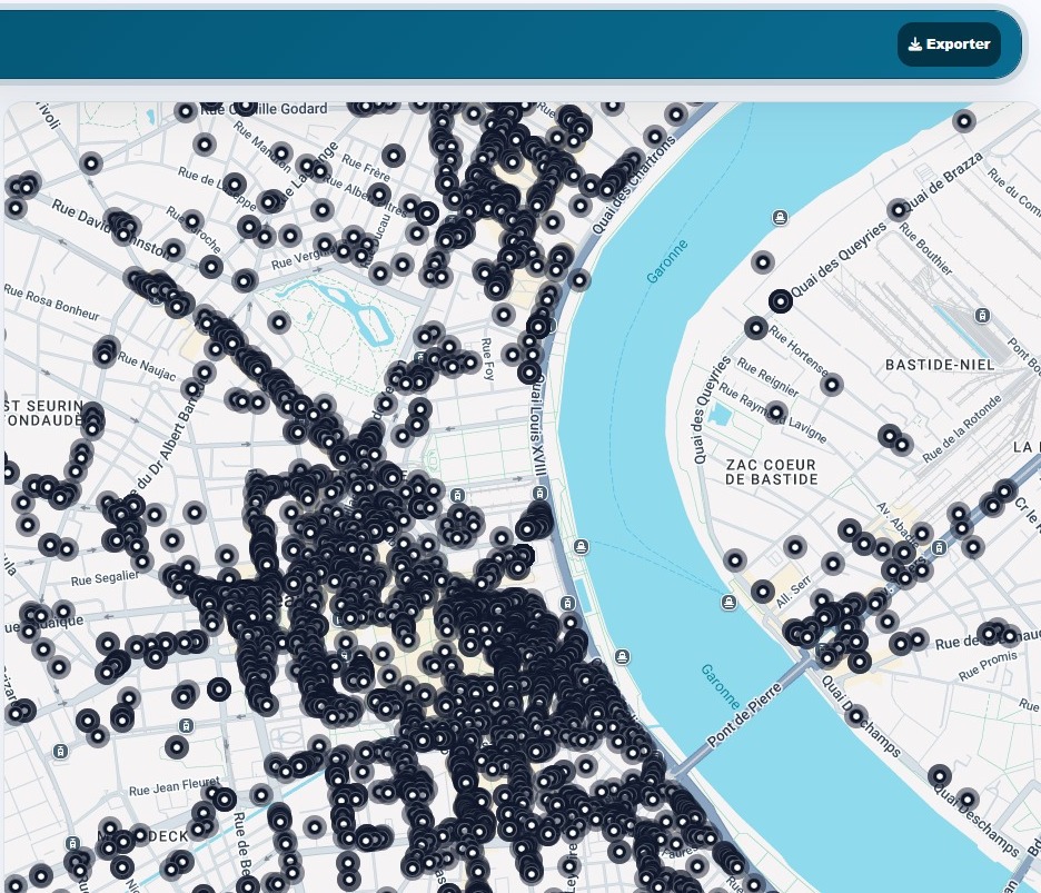 Carte des cessions de fonds de commerce sur Bordeaux dans Data-B, un point par transaction enregistrée