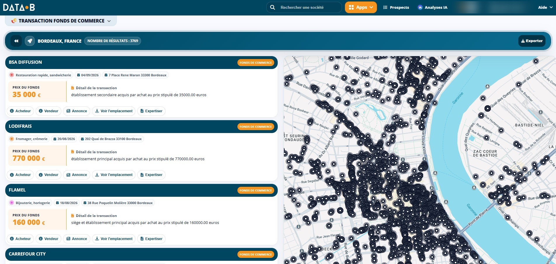 Recherche de cessions de fonds de commerce par adresse et par rayon dans Data-B, avec la liste des transactions