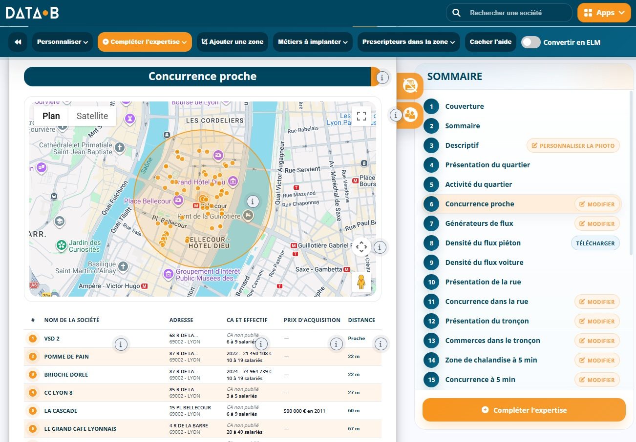 Carte de la concurrence proche et liste des sociétés concurrentes avec leur chiffre d'affaires dans une étude d'implantation Data Expertise