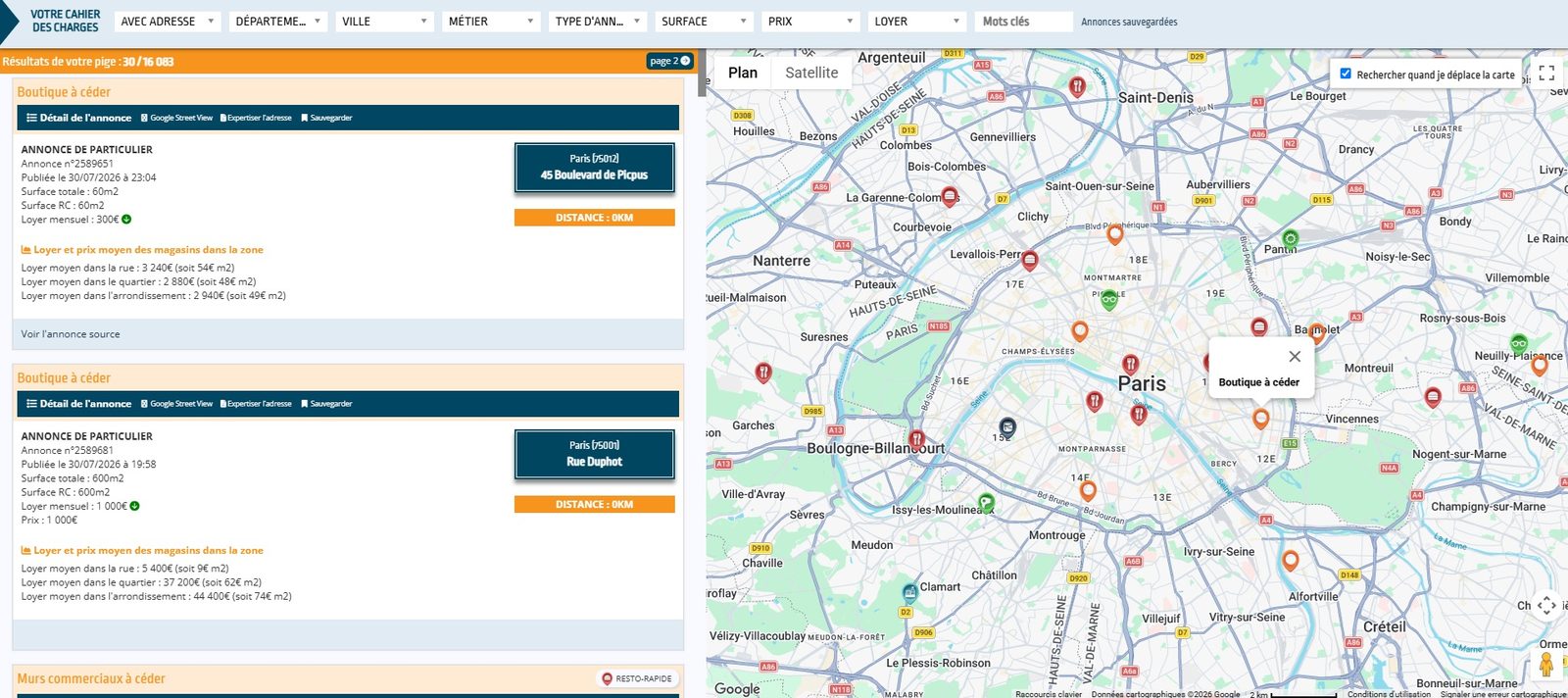Résultats de pige Data-B : annonces de locaux commerciaux à céder sur Paris, avec leur surface, leur loyer et les loyers moyens de la zone