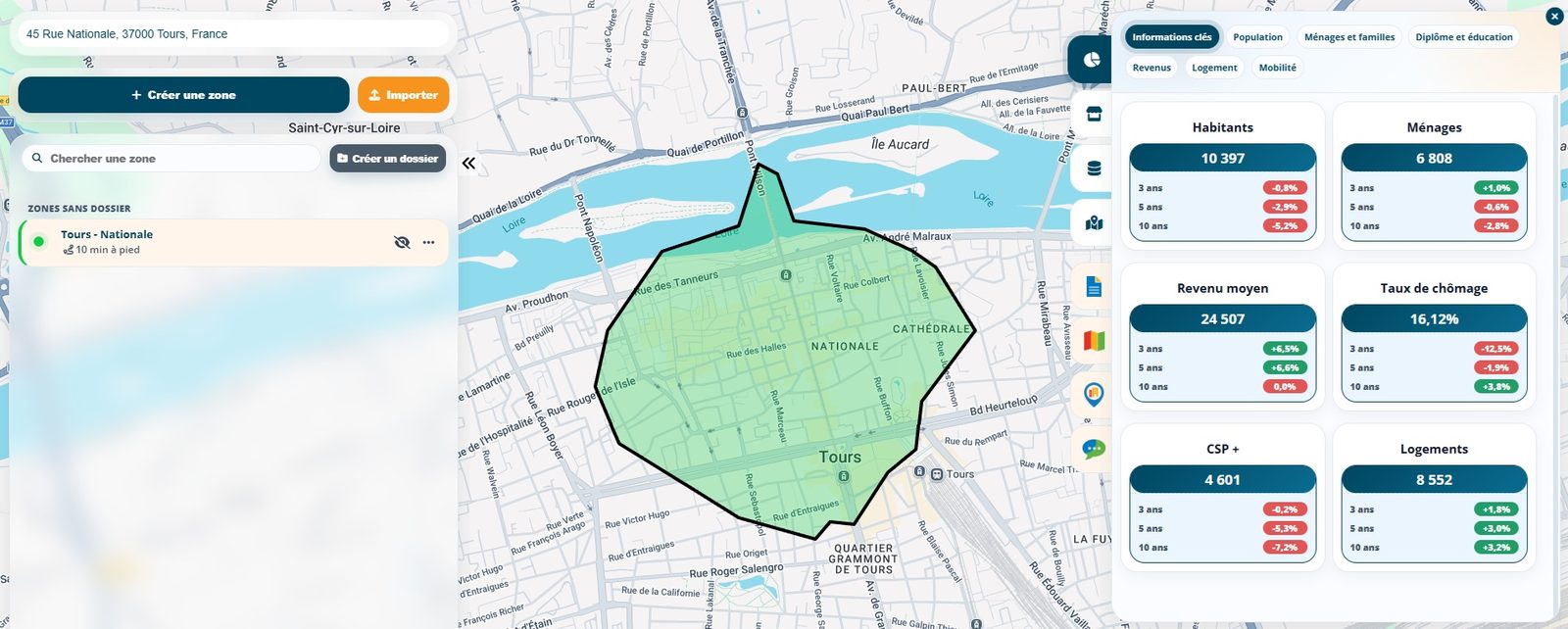 Zone de chalandise isochrone de 10 minutes à pied tracée dans Data Zoning, avec les indicateurs de population, de revenus et de logements de la zone