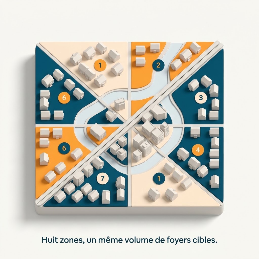 Découpage d'une métropole en huit zones d'exclusivité équilibrées par le nombre de foyers cibles, pour un réseau de franchise