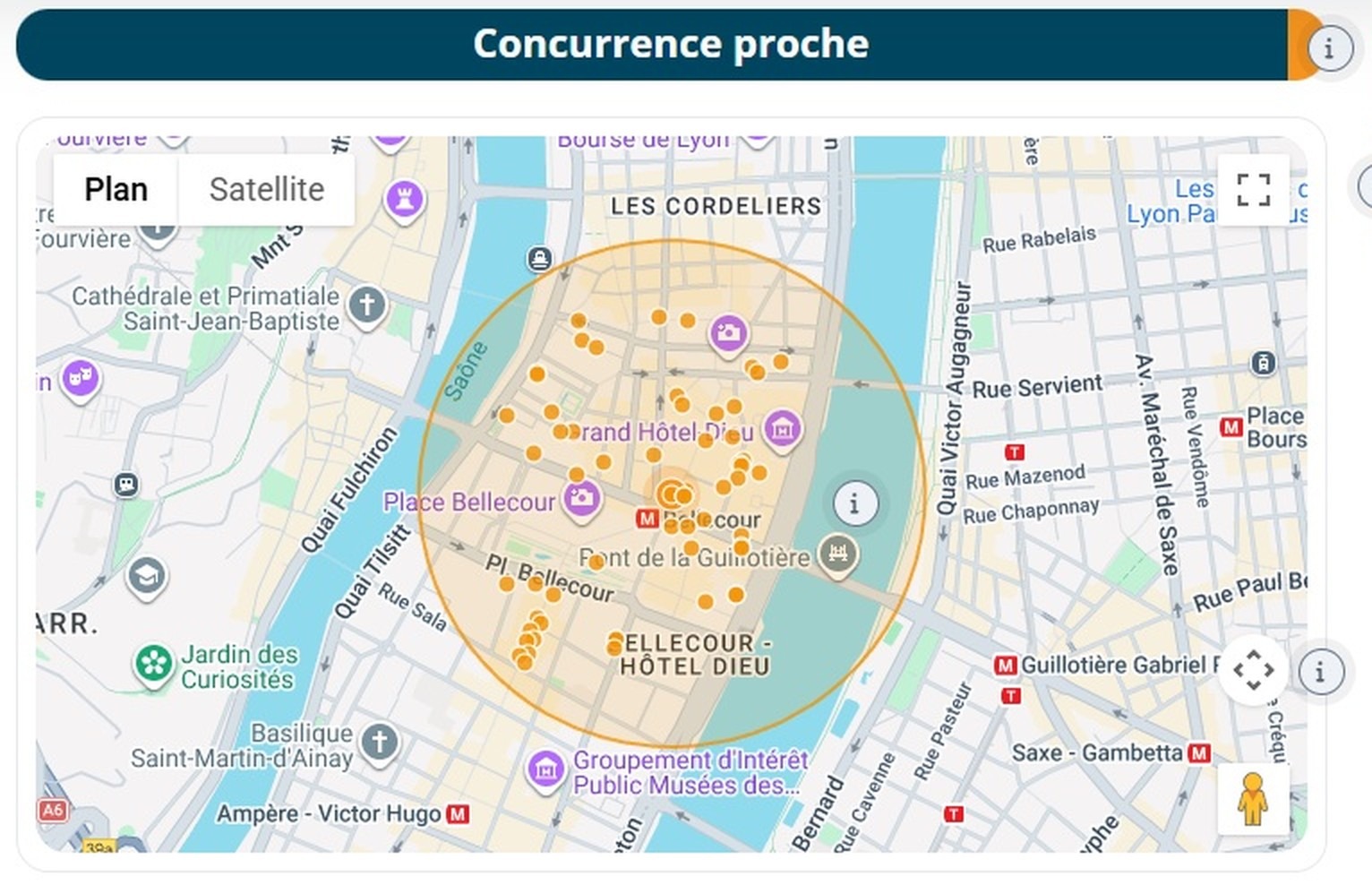 Carte de la concurrence proche dans Data Expertise, les établissements du même métier numérotés autour de l'adresse étudiée