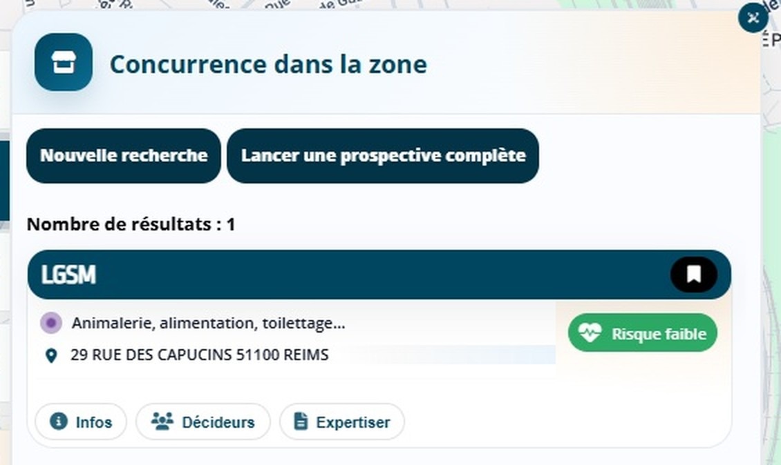 Panneau de résultats de Data Zoning, un concurrent listé dans la zone avec son adresse et son niveau de risque
