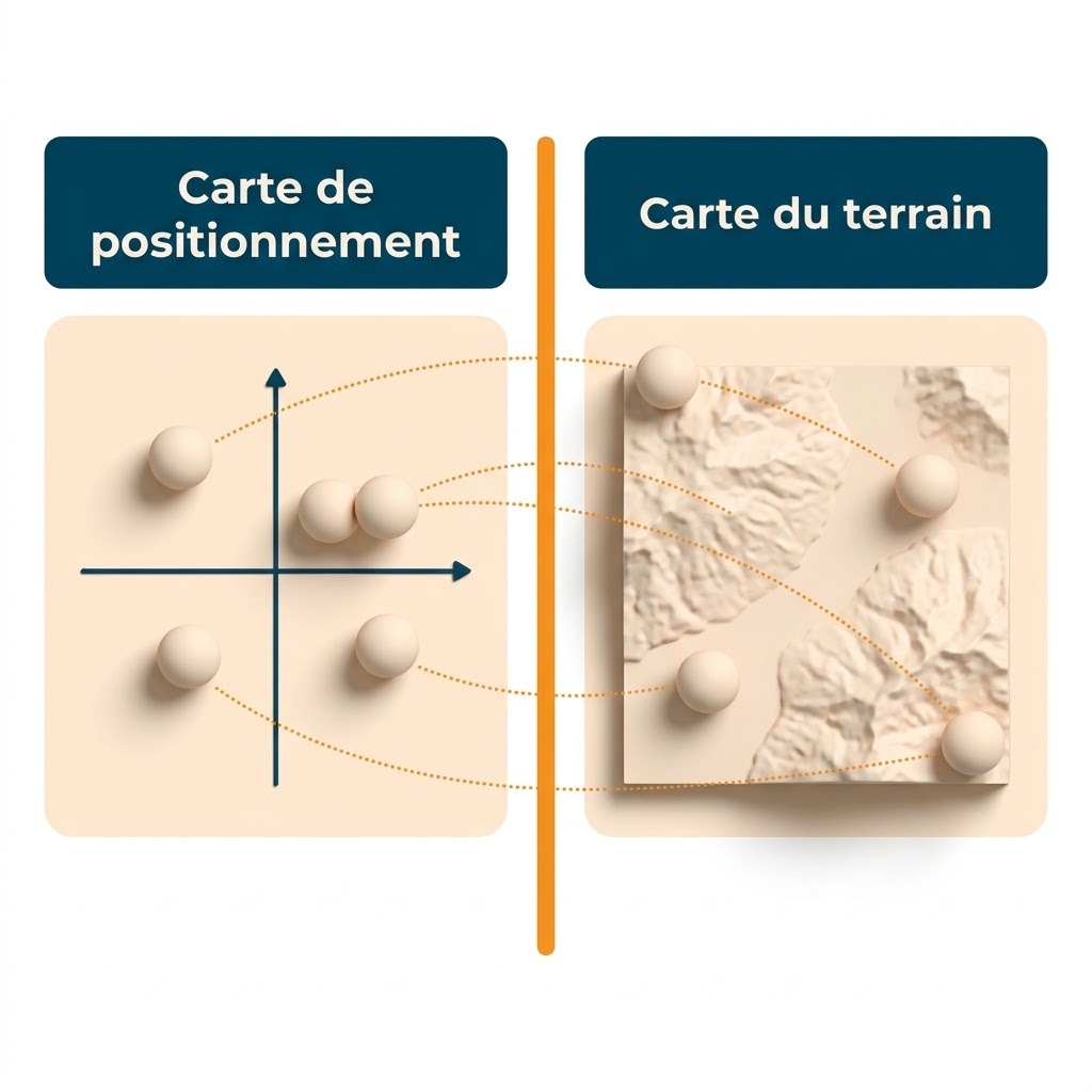 Deux lectures d'un même marché, le graphique de positionnement à gauche et la carte des implantations à droite