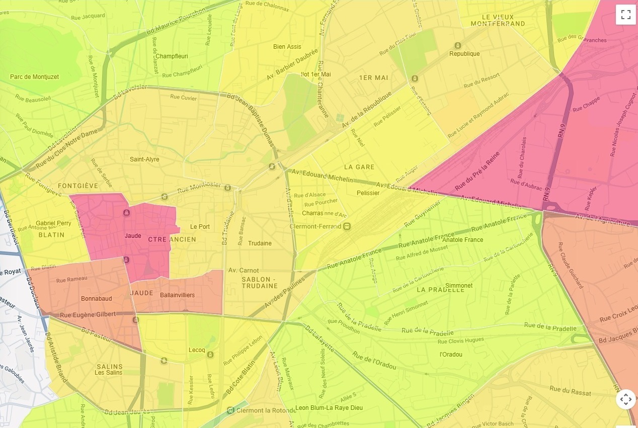 Carte Data-B des niveaux de loyers commerciaux par quartier, du vert au rouge, autour d'une adresse