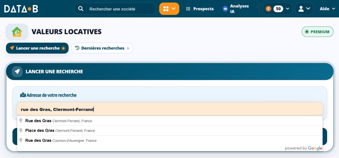 Saisie de l'adresse d'un local commercial dans Valeur Locative, le module d'estimation de loyer de Data-B