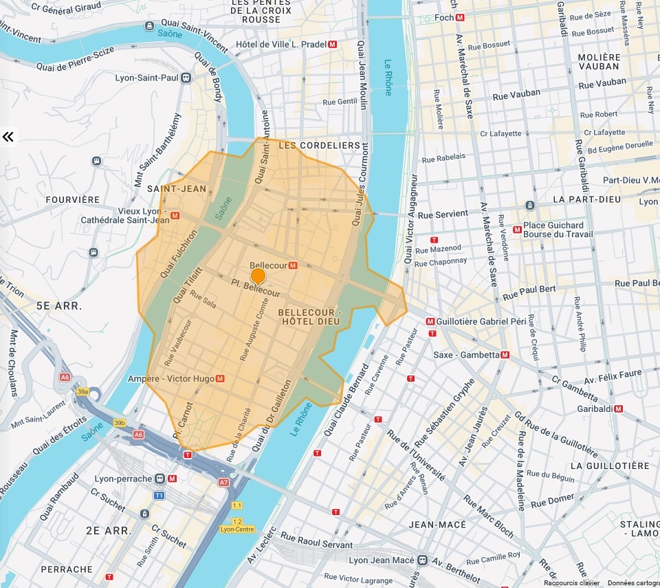 Courbe isochrone de dix minutes à pied tracée autour de la place Bellecour à Lyon dans Data Zoning