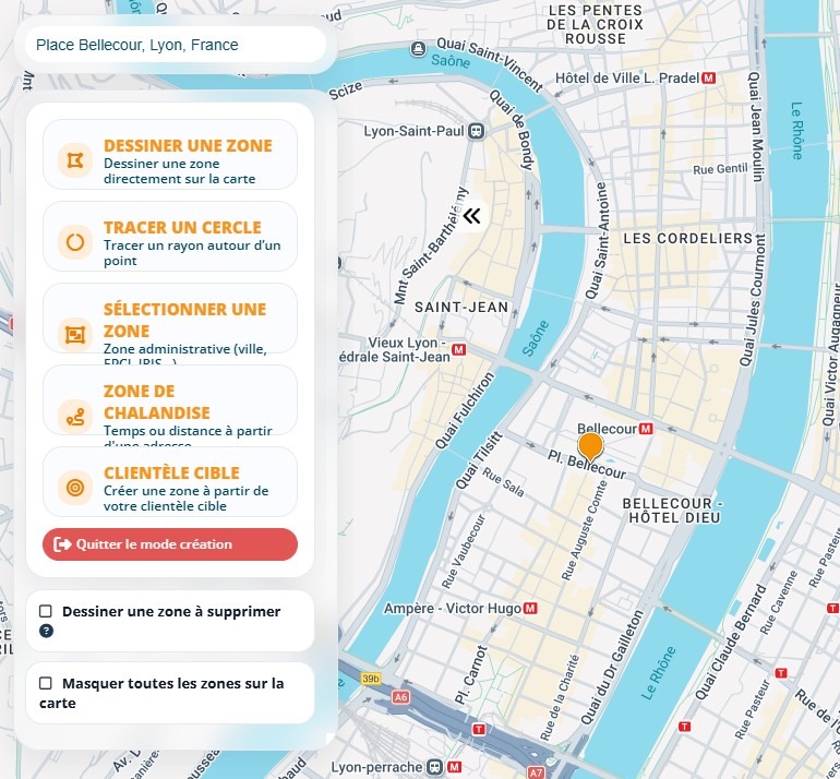 Mode création de Data Zoning avec les cinq types de zone, dont l'option Zone de chalandise