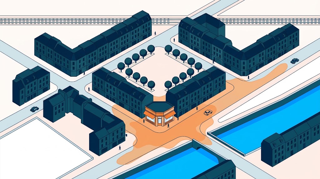 Vue d'ensemble d'un quartier commerçant et de la courbe isochrone tracée autour d'une boutique avec Data-B