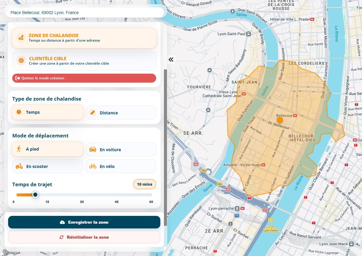 Modes de déplacement et curseur de temps de trajet de Data Zoning, avec la courbe isochrone redessinée pour dix minutes à pied