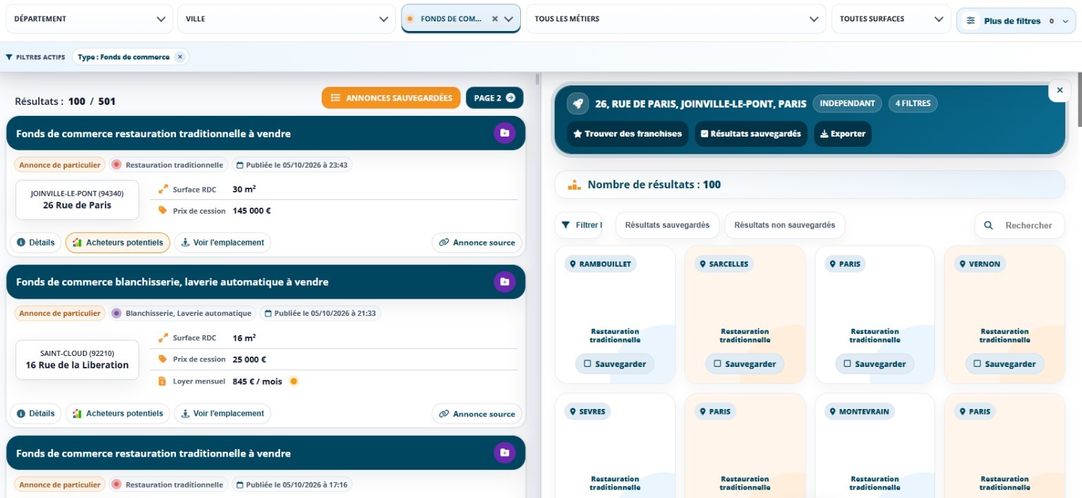 Bouton Acheteurs potentiels de Data Pige sur une annonce de restaurant à céder, avec cent exploitants de la même activité