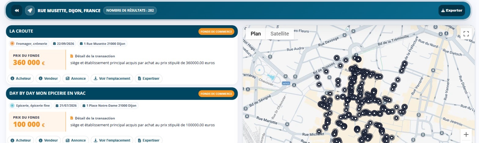 Rue Musette à Dijon dans Transactions de fonds, 282 cessions, le prix de chaque fonds et la carte des ventes