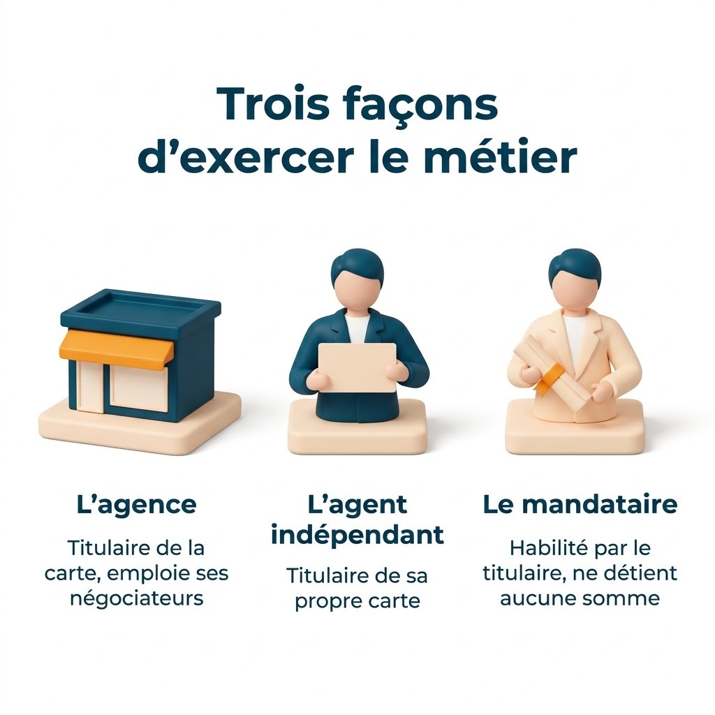 Les trois profils d’agent immobilier en fonds de commerce, agence, agent indépendant et mandataire, avec ce que chacun peut faire