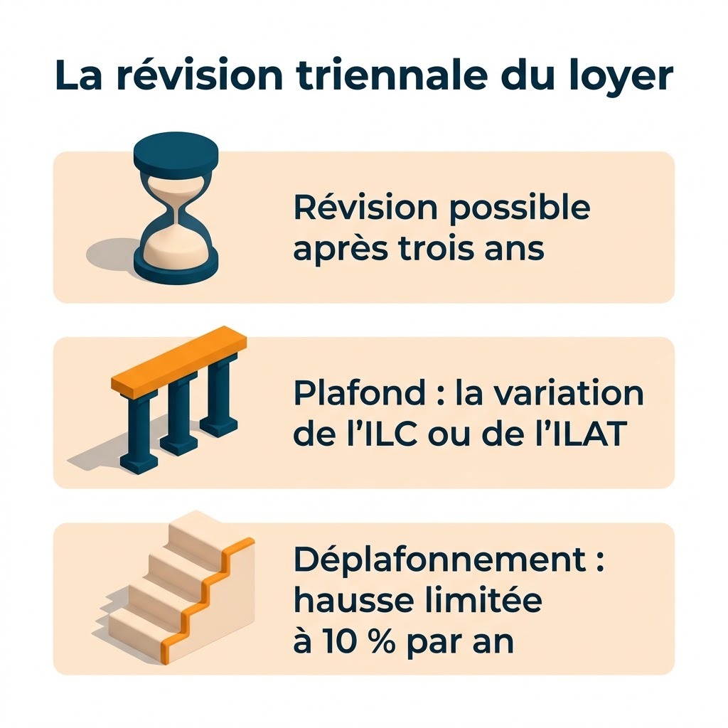 Révision triennale du loyer commercial, trois ans minimum, plafond de l’ILC ou de l’ILAT et hausse limitée à 10 % par an