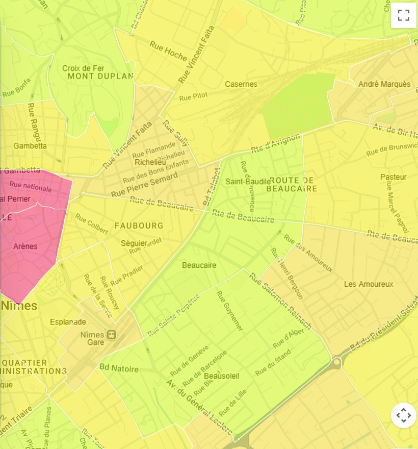 Carte des loyers commerciaux de Nîmes par quartier dans Valeur Locative, en vert, orange et rouge