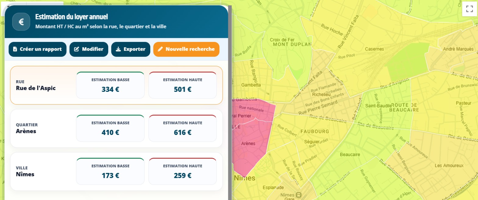 Estimation du loyer annuel au mètre carré à Nîmes dans Valeur Locative, à la rue, au quartier et à la ville