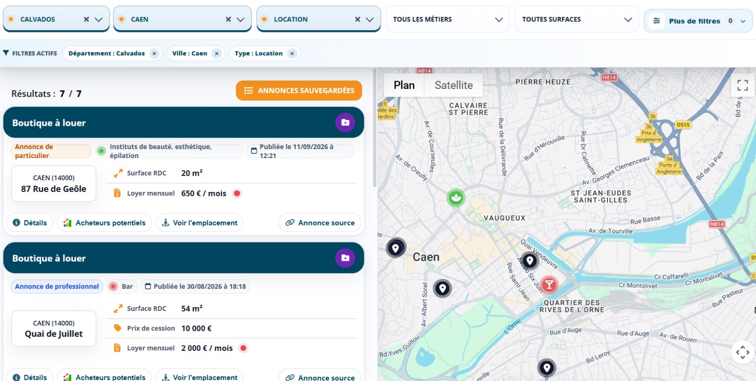 Annonces de locaux commerciaux à louer à Caen dans Data Pige, filtrées par département, ville et type d’annonce