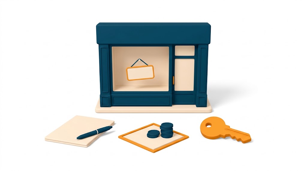 Vitrine de local commercial à louer en volumes 3D, avec un bail, une clé et un repère de loyer au mètre carré