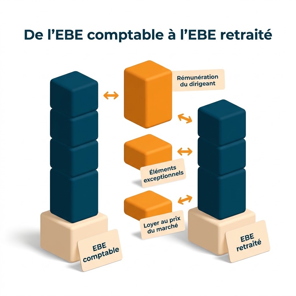 EBE comptable et EBE retraité côte à côte en volumes 3D, avec la rémunération du dirigeant, l’exceptionnel et le loyer corrigés