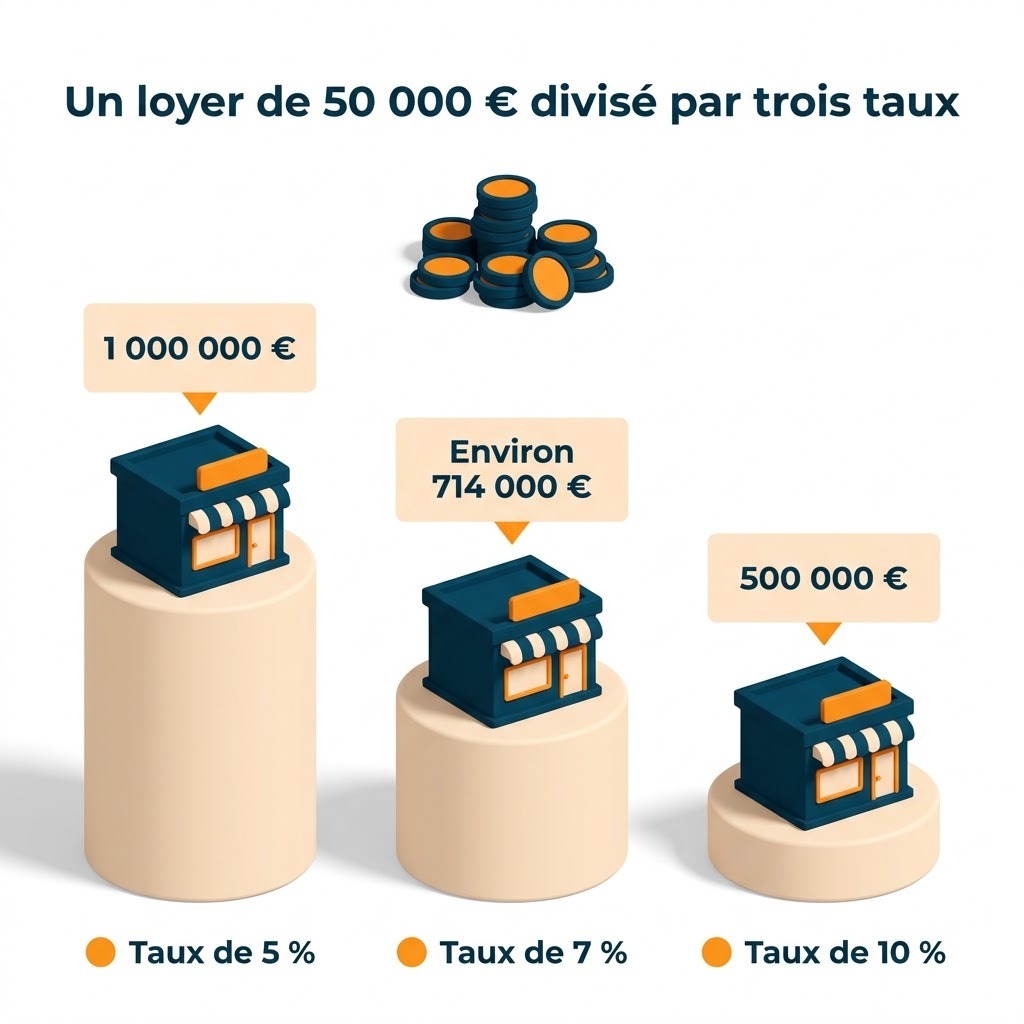 Calcul de la valeur des murs commerciaux par le rendement, un loyer de 50 000 euros divisé par trois taux de 5, 7 et 10 %